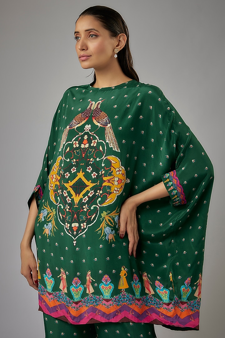 Green Crepe Printed Kaftan Set by Rajat tangri at Pernia's Pop Up Shop