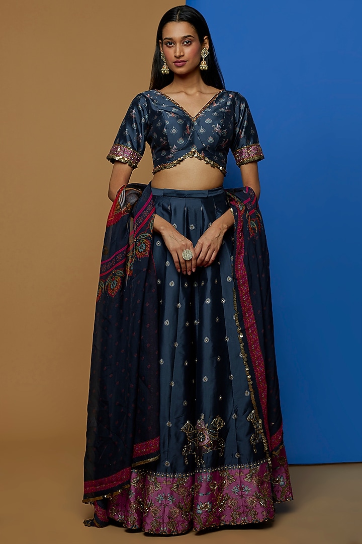 Navy Blue Hand Embroidered Wedding Lehenga Set by Rajat tangri at Pernia's Pop Up Shop