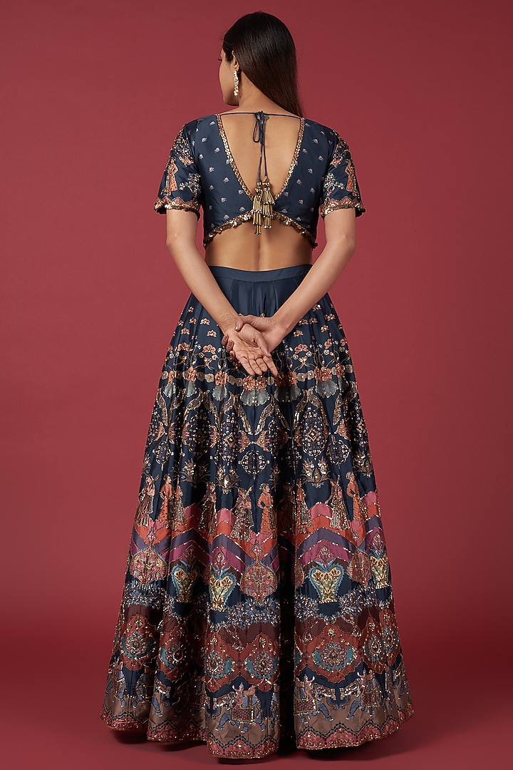 Navy Blue Taffeta Hand Embroidered Wedding Lehenga Set by Rajat tangri at Pernia's Pop Up Shop