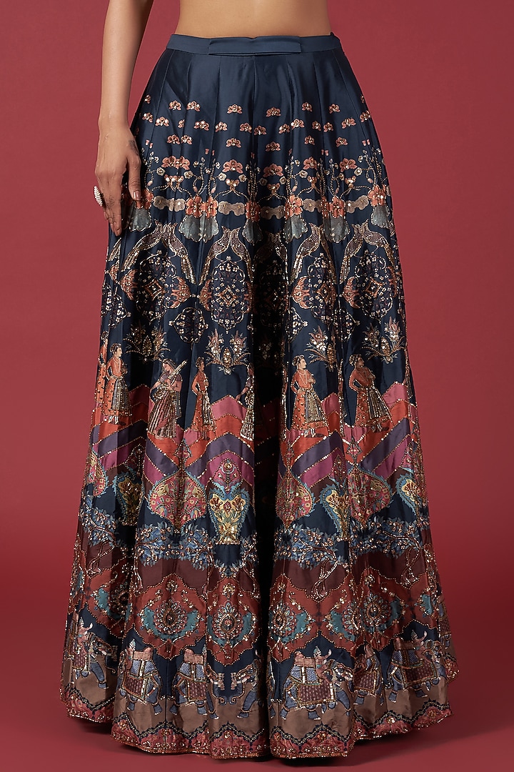 Navy Blue Taffeta Hand Embroidered Wedding Lehenga Set by Rajat tangri at Pernia's Pop Up Shop