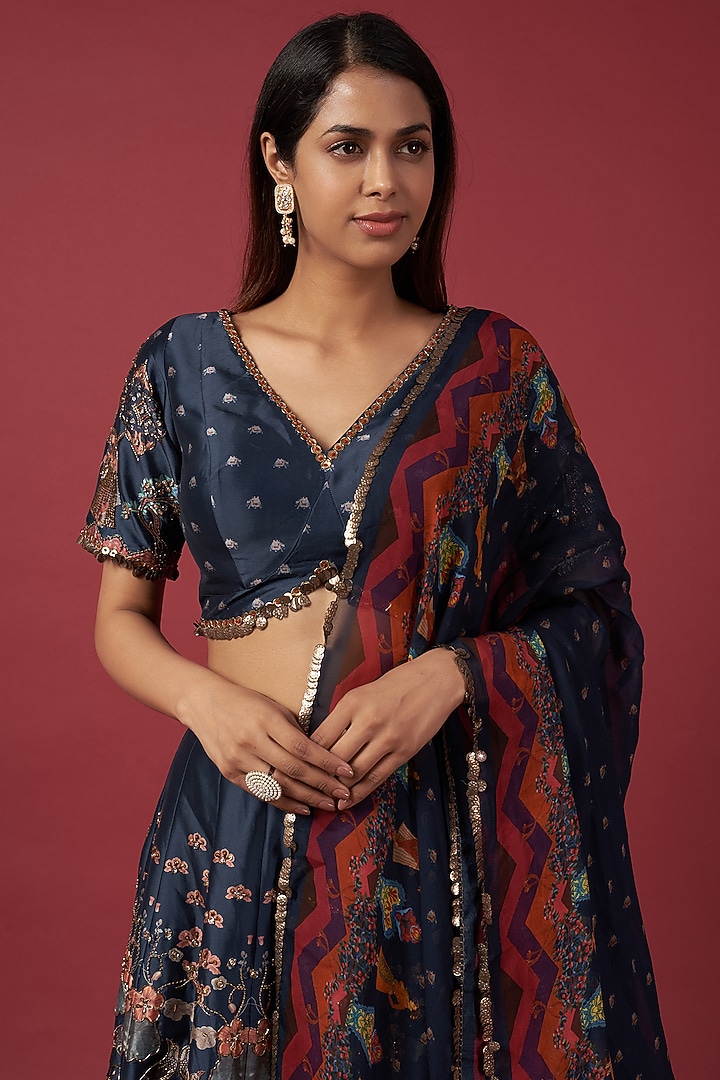 Navy Blue Taffeta Hand Embroidered Wedding Lehenga Set by Rajat tangri at Pernia's Pop Up Shop