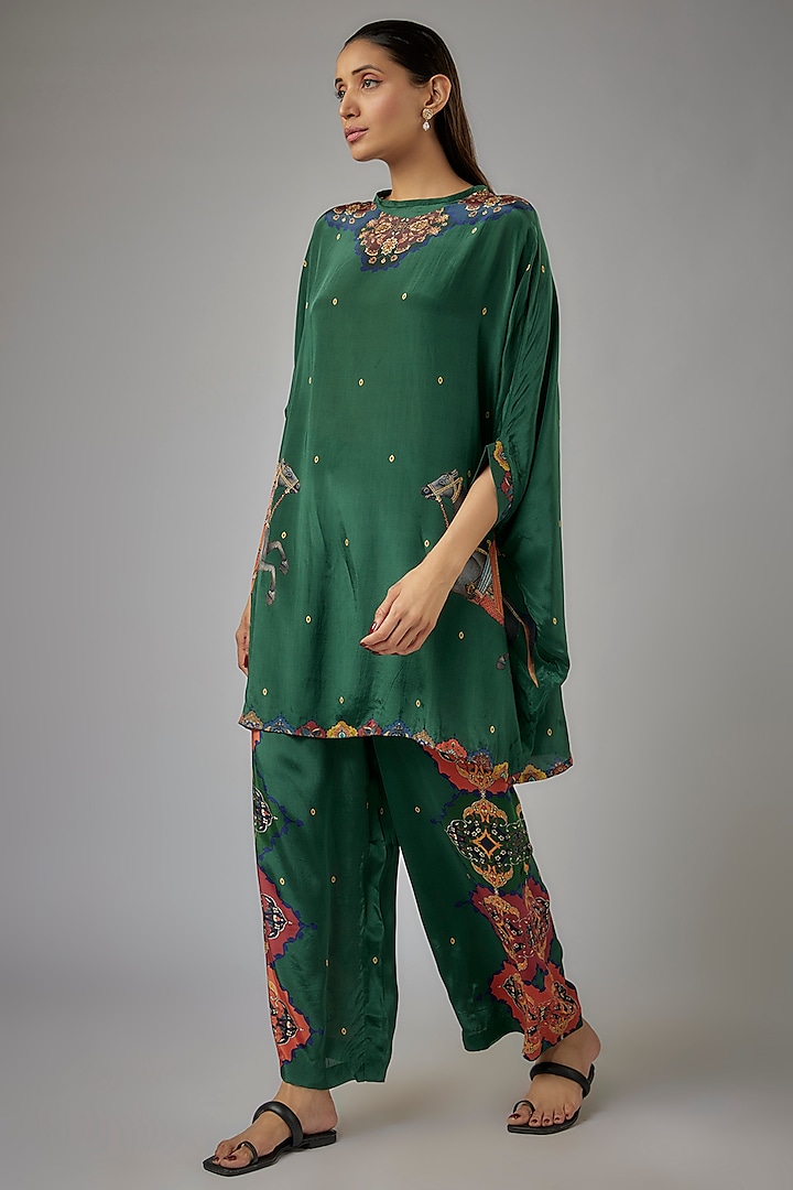 Green Crepe Printed Kaftan Set by Rajat tangri  at Pernia's Pop Up Shop