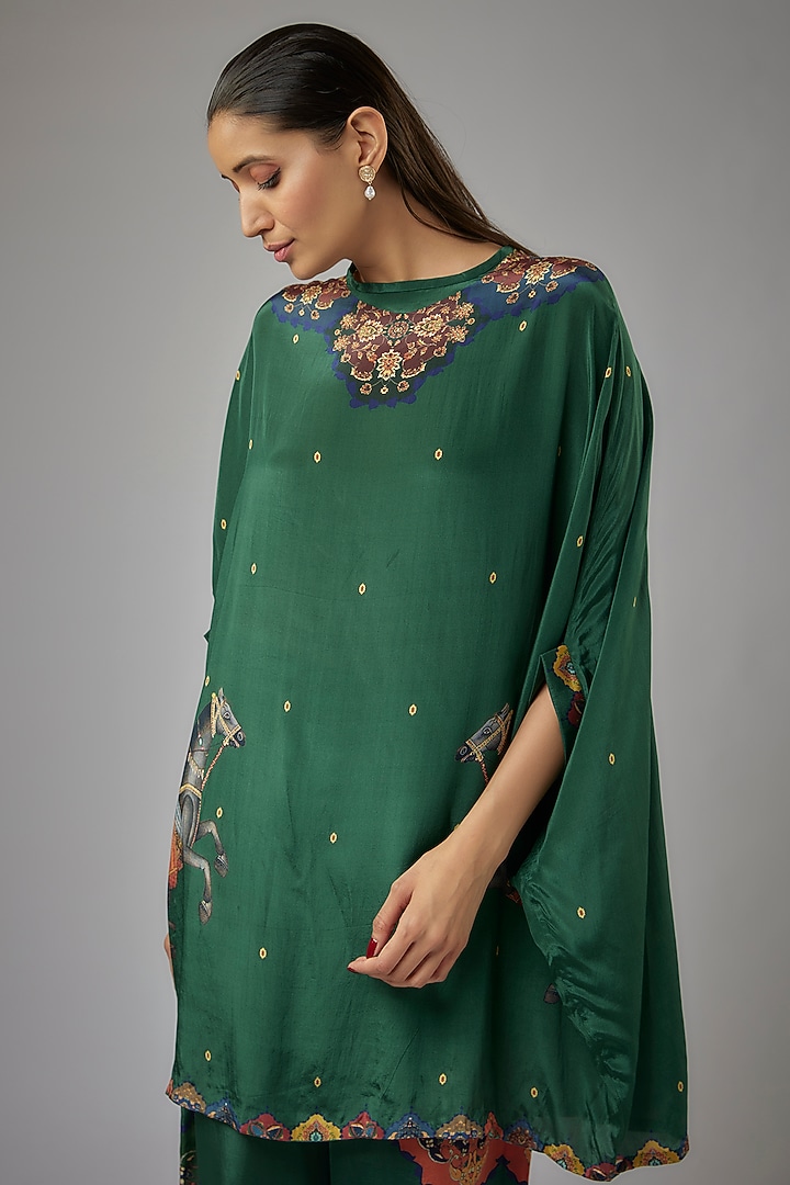 Green Crepe Printed Kaftan Set by Rajat tangri at Pernia's Pop Up Shop
