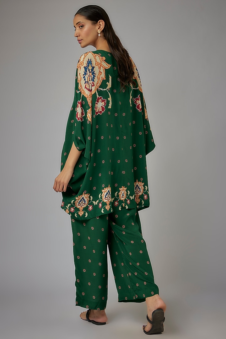 Green Crepe Printed Kaftan Set by Rajat tangri at Pernia's Pop Up Shop