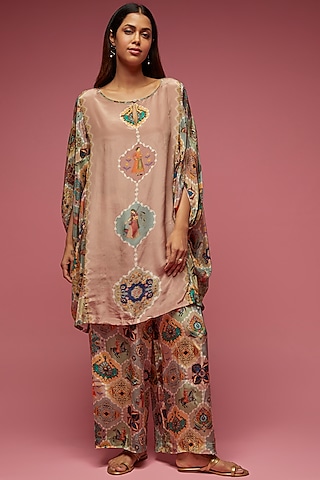 Dusty Rose Crepe Kaftan Set by Rajat tangri 