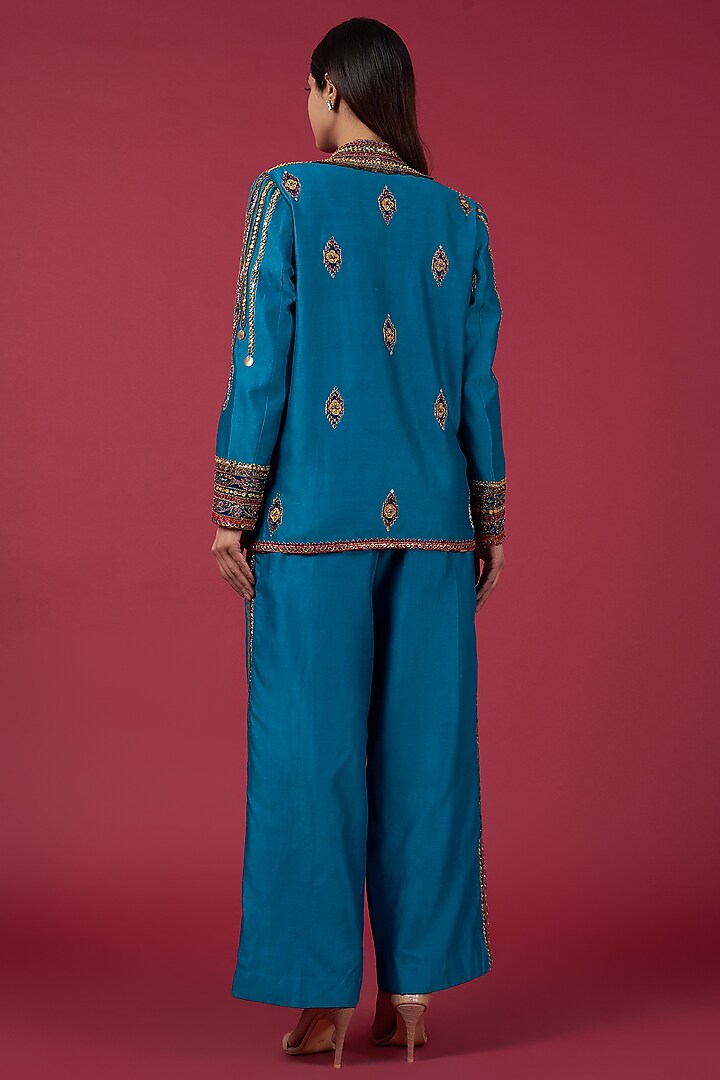 Cobalt Blue Chanderi Embroidered Jacket Set by Rajat tangri at Pernia's Pop Up Shop