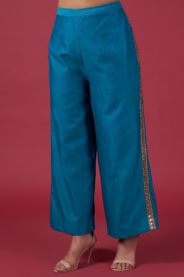 Cobalt Blue Chanderi Embroidered Jacket Set by Rajat tangri at Pernia's Pop Up Shop