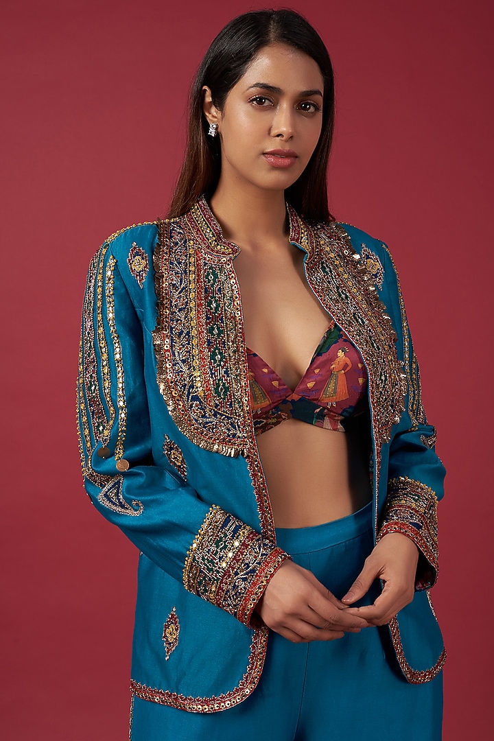 Cobalt Blue Chanderi Embroidered Jacket Set by Rajat tangri at Pernia's Pop Up Shop