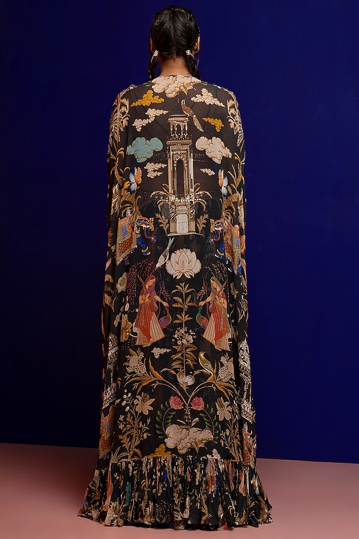 Black Printed Cape Set by Rajat tangri at Pernia's Pop Up Shop