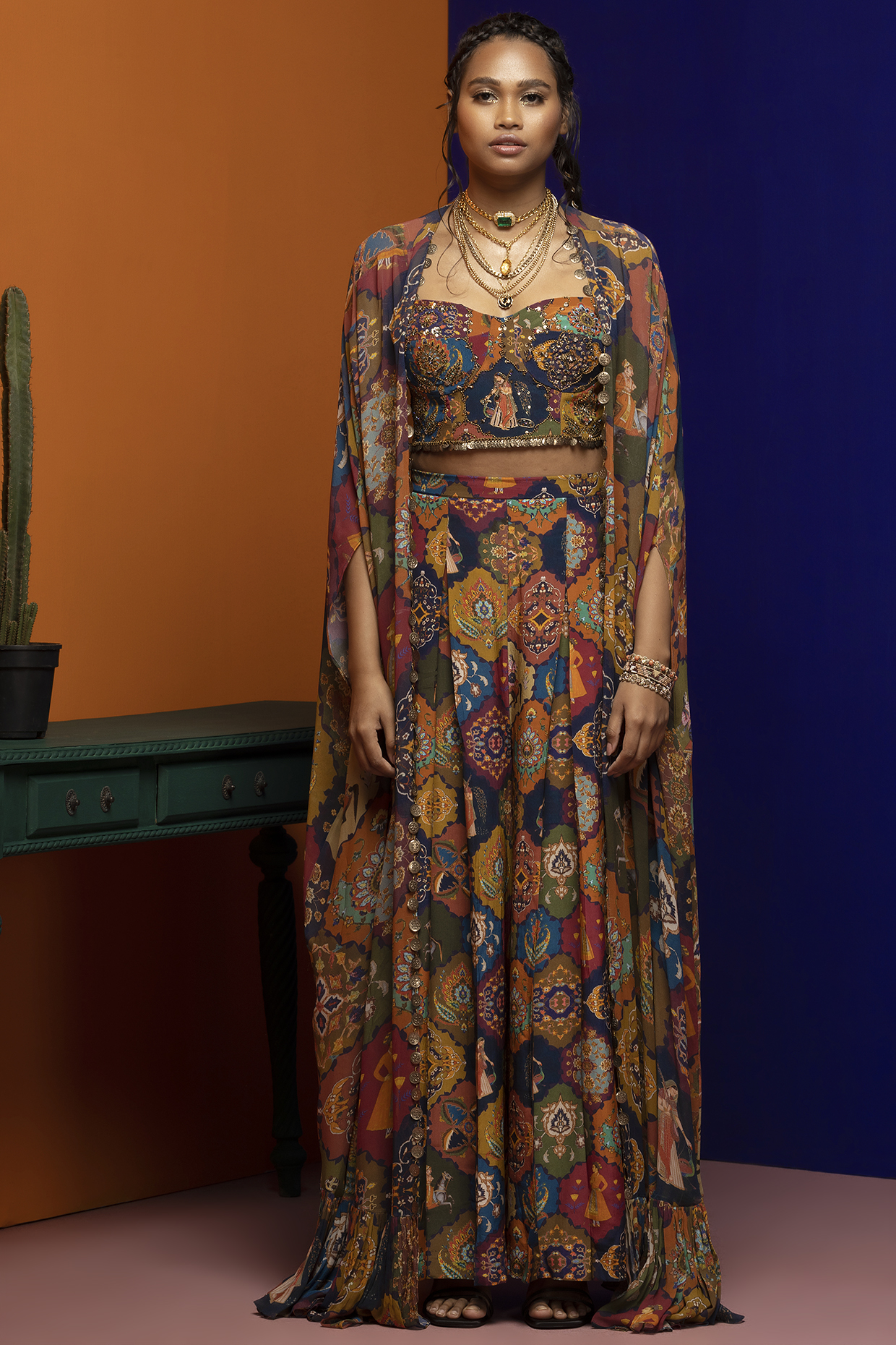 Multi-Colored Printed Cape Set by Rajat tangri  at Pernia's Pop Up Shop