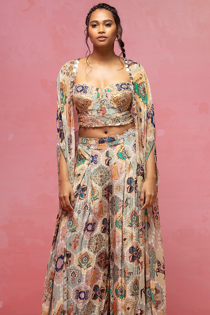 Pastel Mughal Printed Cape Set by Rajat tangri at Pernia's Pop Up Shop