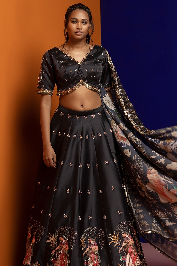 Black Embroidered Wedding Lehenga Set by Rajat tangri at Pernia's Pop Up Shop