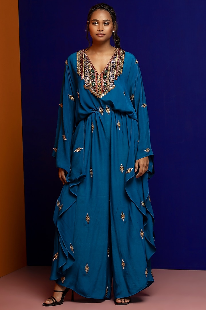 Teal Embroidered Jumpsuit by Rajat tangri 