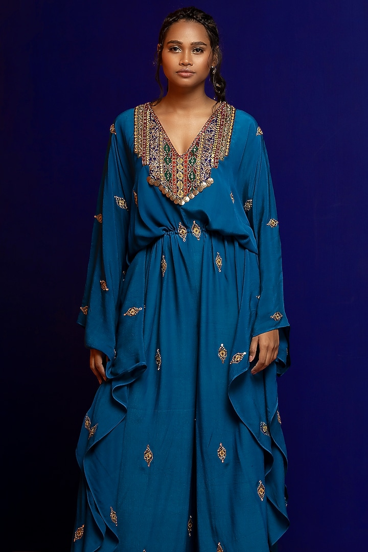 Teal Embroidered Jumpsuit by Rajat tangri at Pernia's Pop Up Shop