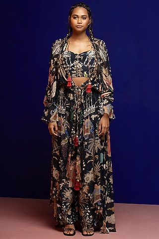 Black Crepe Jacket Set by Rajat tangri 