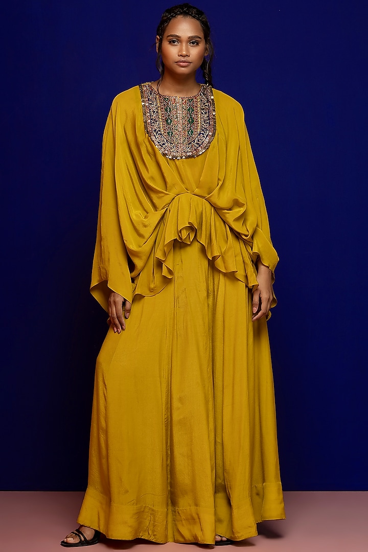 Mustard Crepe Pant Set by Rajat tangri 