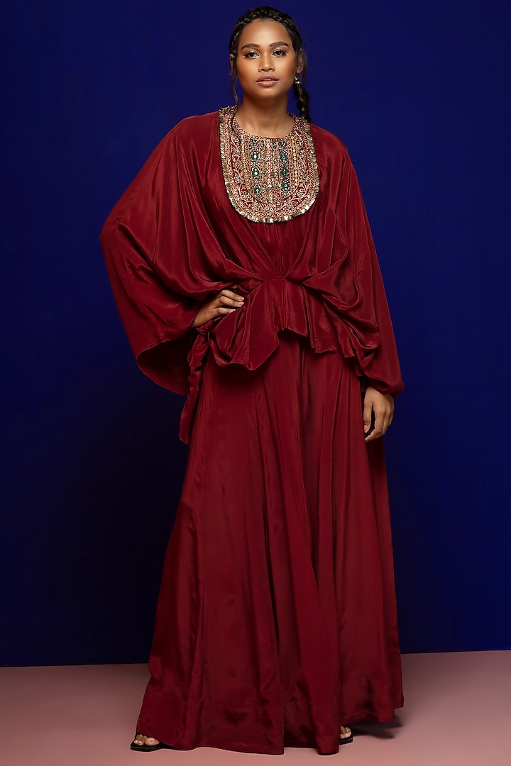 Maroon Crepe  Pant Set by Rajat tangri 