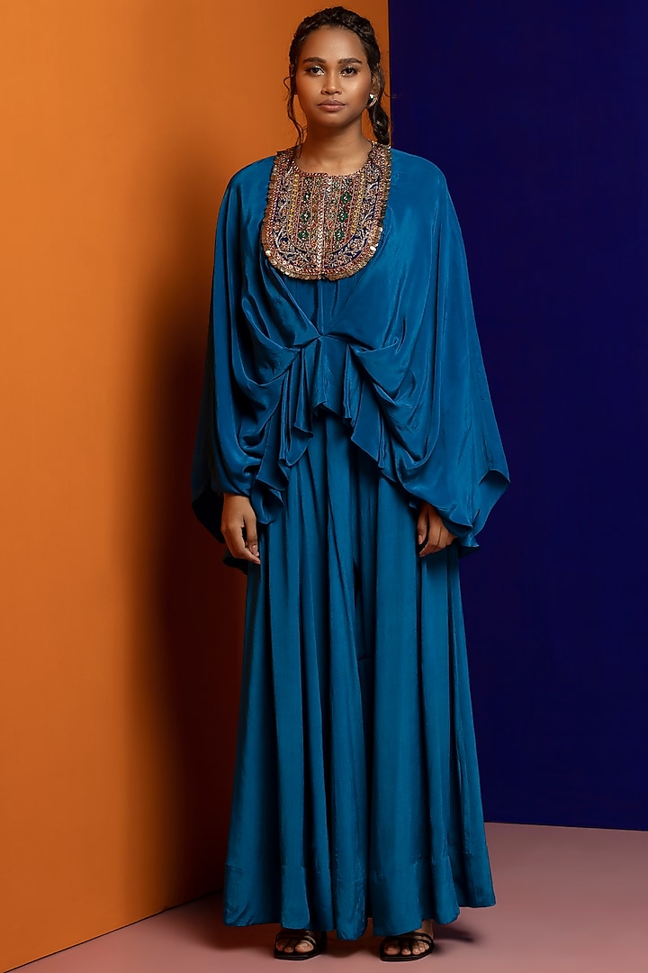 Turquoise Crepe Pant Set by Rajat tangri 