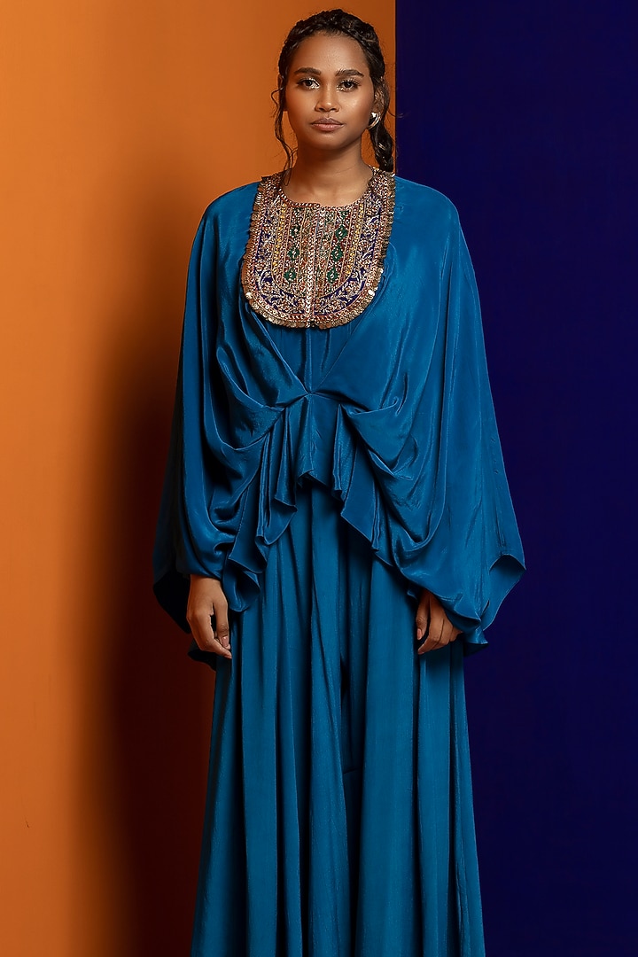 Turquoise Crepe Pant Set by Rajat tangri at Pernia's Pop Up Shop