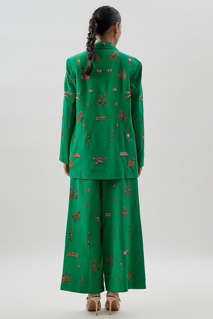 Green Crepe Hand Embroidered Jacket Set by Rajat tangri  at Pernia's Pop Up Shop