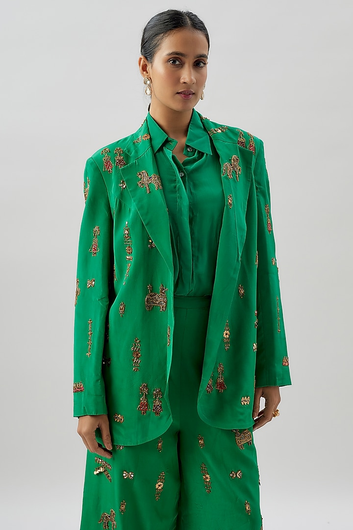 Green Crepe Hand Embroidered Jacket Set by Rajat tangri  at Pernia's Pop Up Shop