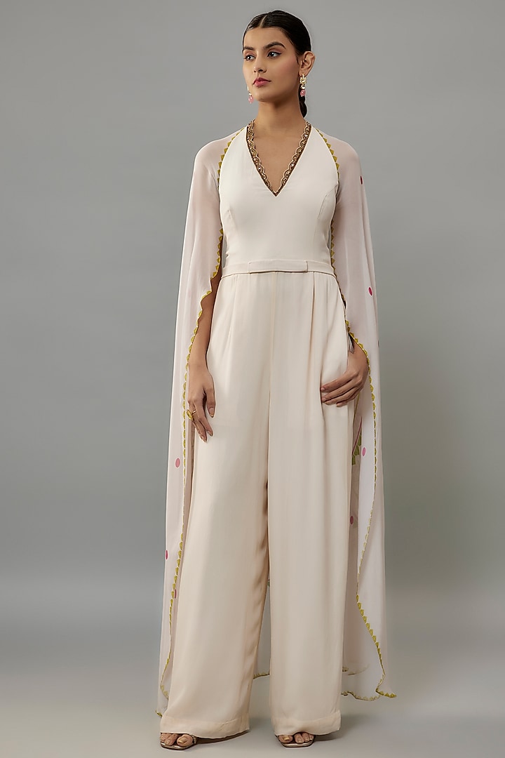 Ivory Georgette Hand Embroidered Jumpsuit by Rajat Tangri