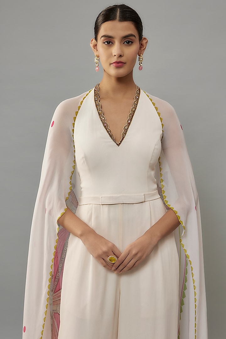 Ivory Georgette Hand Embroidered Jumpsuit by Rajat Tangri at Pernia's Pop Up Shop