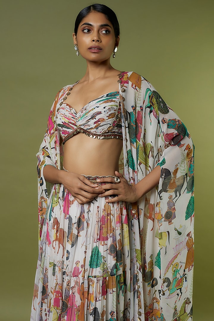 Ivory Georgette Hand Embroidered Flowy Wedding Lehenga Set by Rajat tangri at Pernia's Pop Up Shop