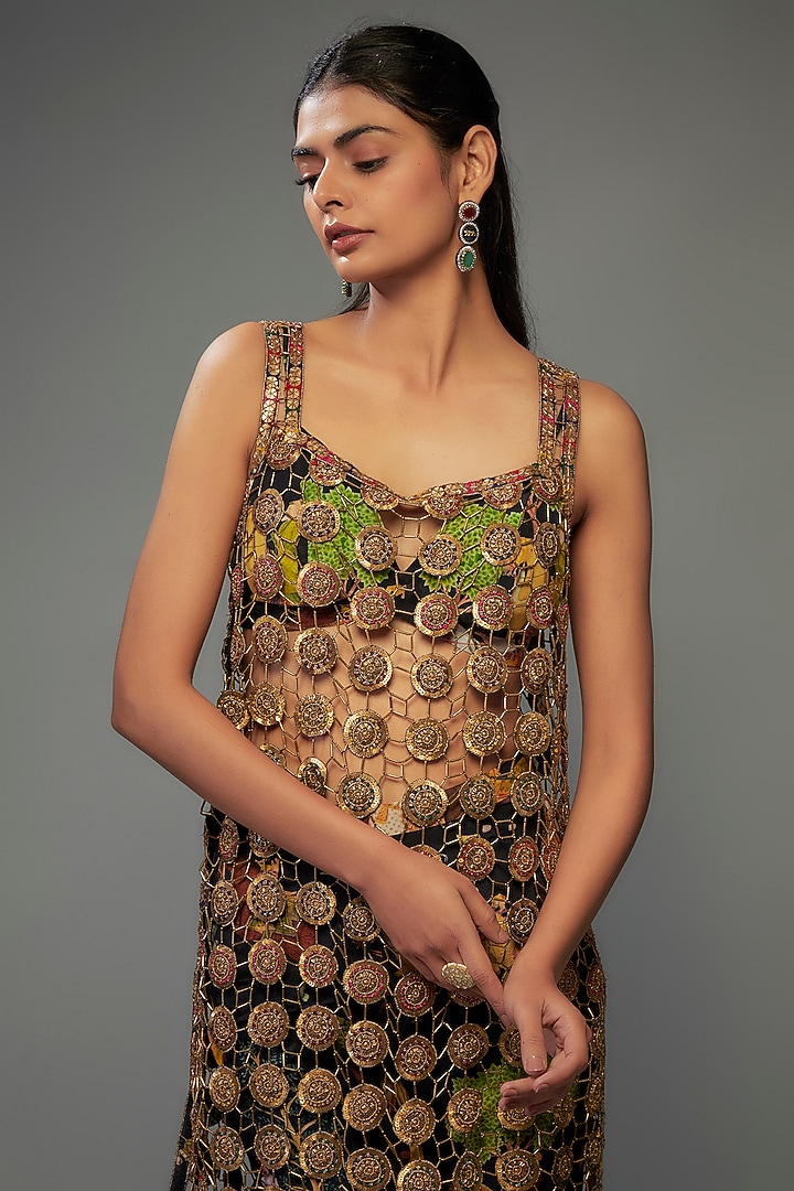 Black Mesh Hand Embroidered Kurta Set by Rajat tangri at Pernia's Pop Up Shop