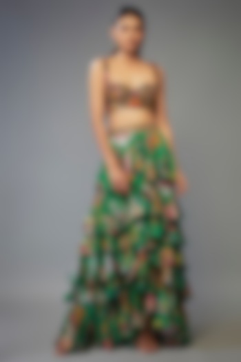 Green Georgette Hand Embroidered Ruffled Wedding Lehenga Set by Rajat tangri  at Pernia's Pop Up Shop