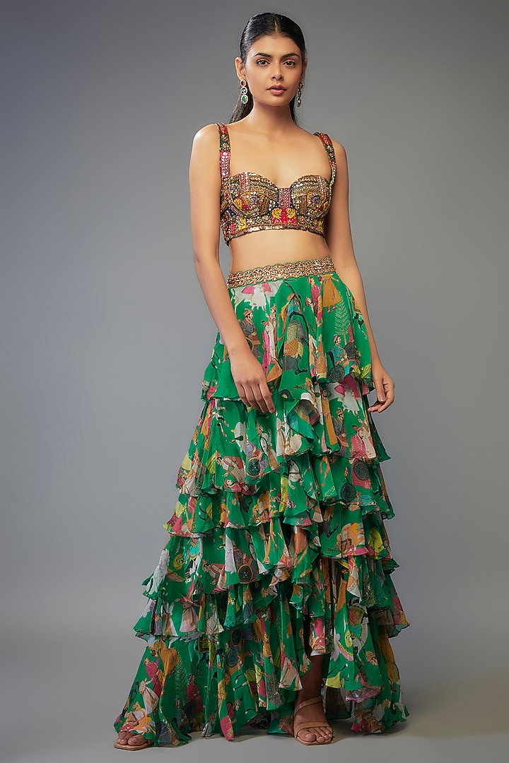 Green Georgette Hand Embroidered Ruffled Wedding Lehenga Set by Rajat tangri  at Pernia's Pop Up Shop