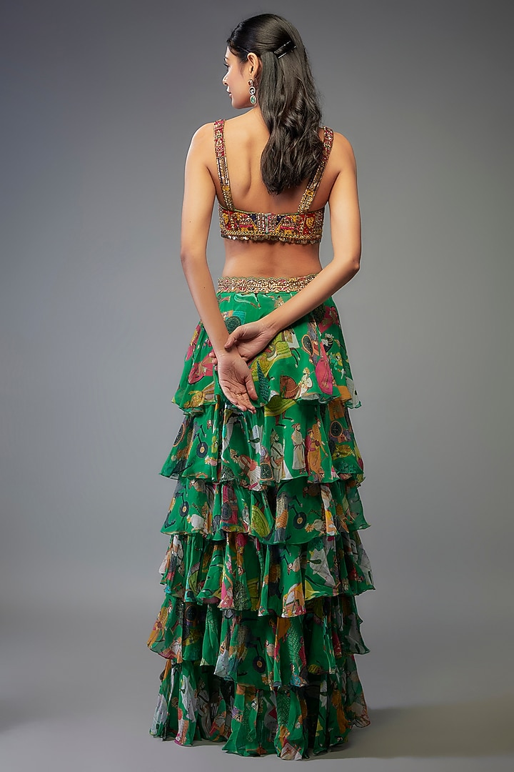 Green Georgette Hand Embroidered Ruffled Wedding Lehenga Set by Rajat tangri  at Pernia's Pop Up Shop