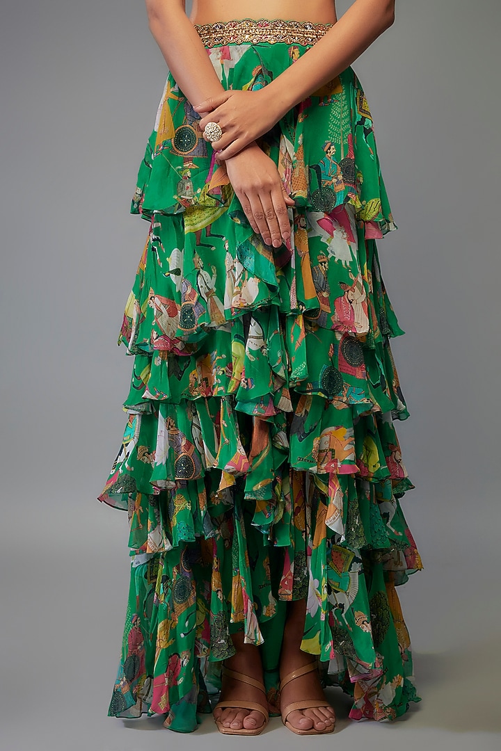 Green Georgette Hand Embroidered Ruffled Wedding Lehenga Set by Rajat tangri  at Pernia's Pop Up Shop
