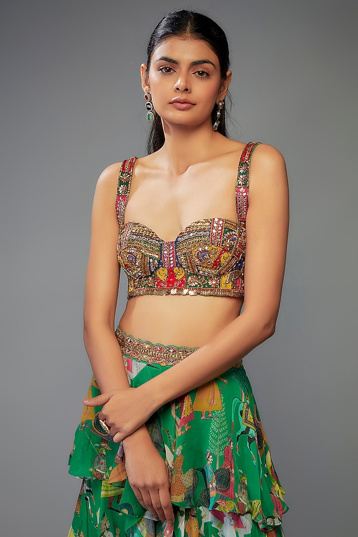 Green Georgette Hand Embroidered Ruffled Wedding Lehenga Set by Rajat tangri  at Pernia's Pop Up Shop