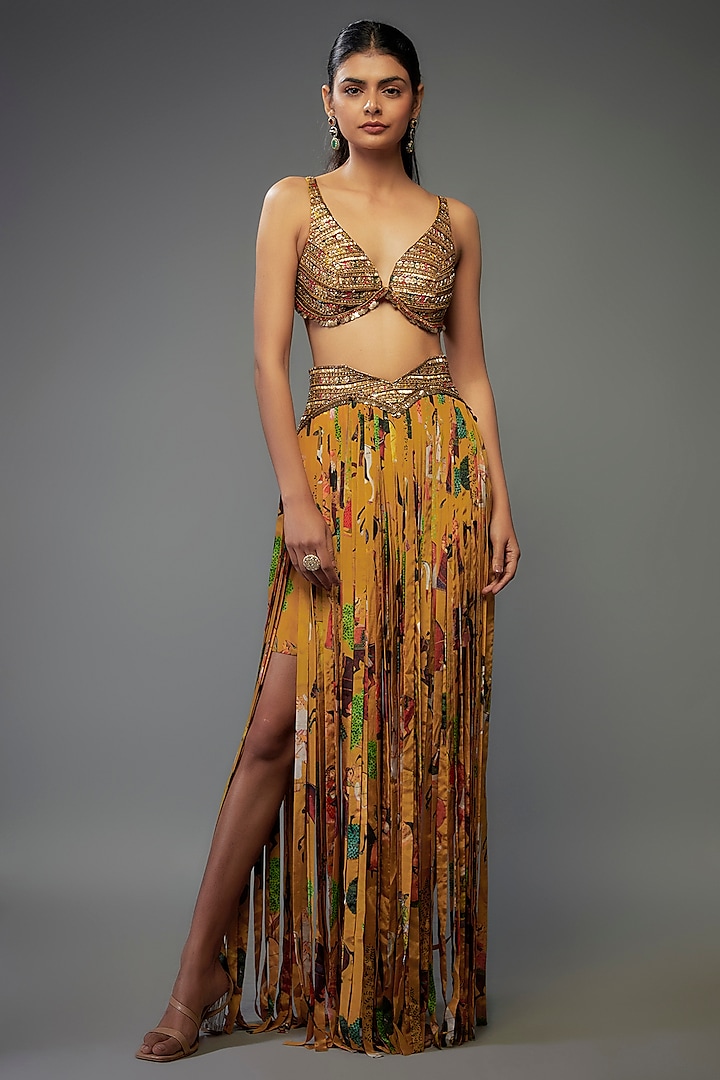 Yellow Crepe Hand Embroidered Fringed Wedding Lehenga Set by Rajat tangri at Pernia's Pop Up Shop