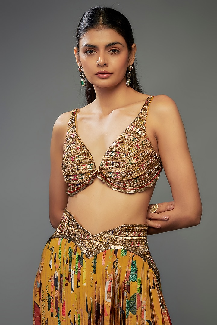 Yellow Crepe Hand Embroidered Fringed Wedding Lehenga Set by Rajat tangri at Pernia's Pop Up Shop