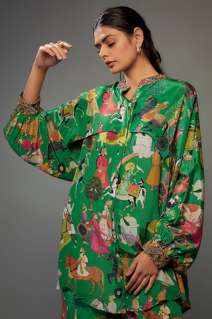 Green Crepe Hand Embroidered Co-Ord Set by Rajat tangri at Pernia's Pop Up Shop