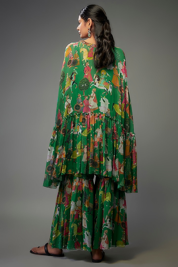 Green Georgette Mugal Printed Wedding Sharara Set by Rajat tangri at Pernia's Pop Up Shop