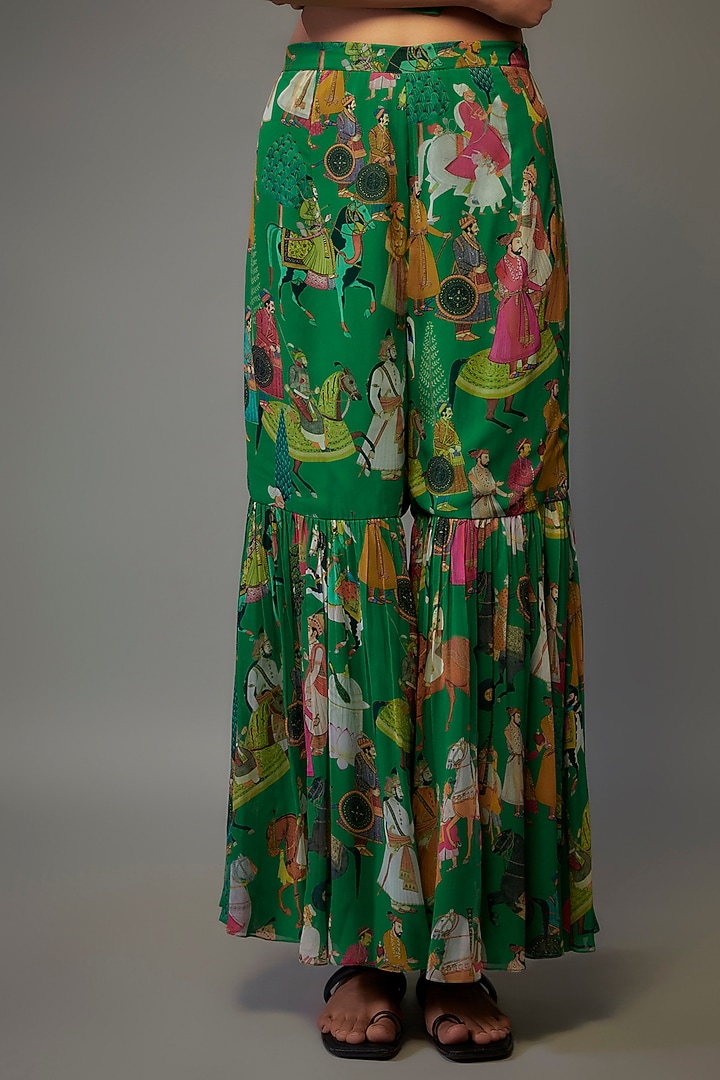 Green Georgette Mugal Printed Wedding Sharara Set by Rajat tangri at Pernia's Pop Up Shop