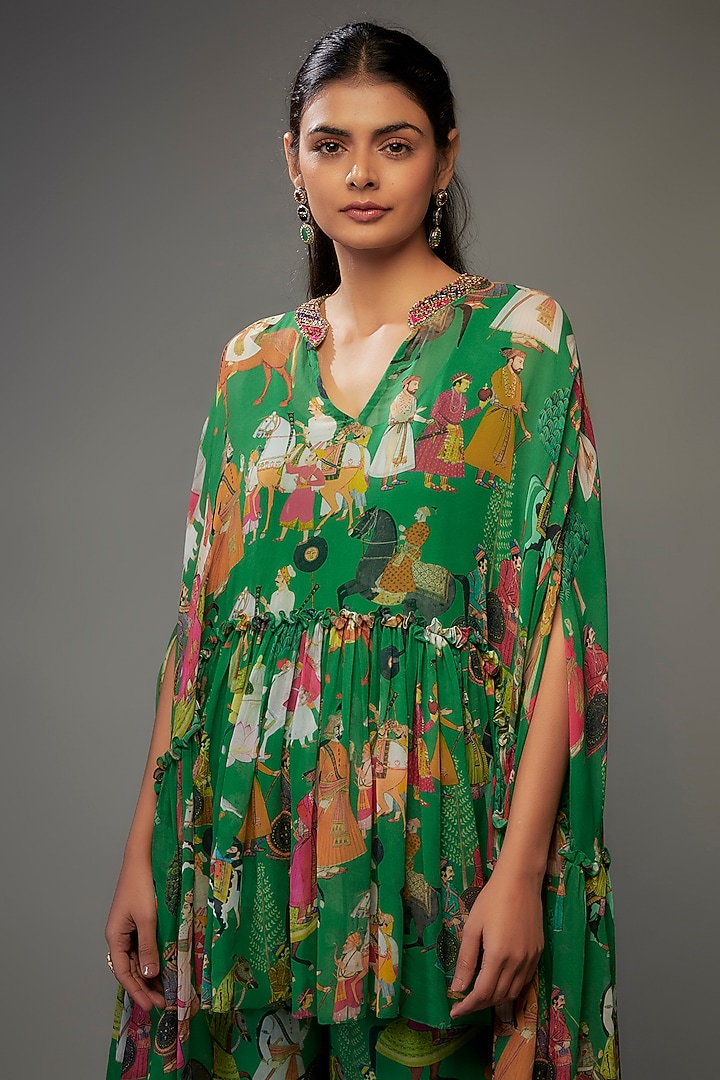 Green Georgette Mugal Printed Wedding Sharara Set by Rajat tangri at Pernia's Pop Up Shop