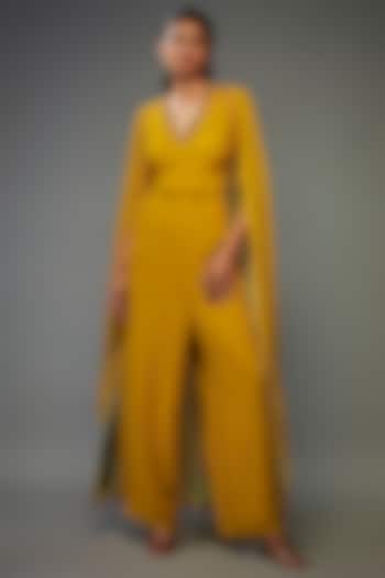 Mango Yellow Georgette Hand Embroidered Jumpsuit by Rajat tangri 