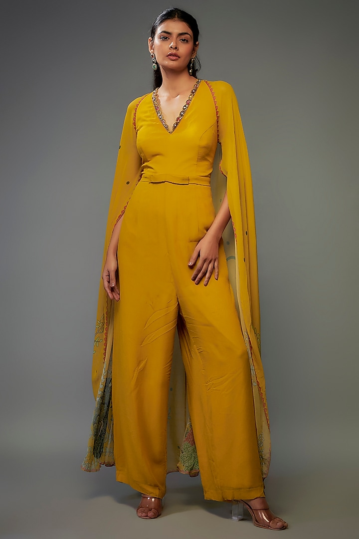 Mango Yellow Georgette Hand Embroidered Jumpsuit by Rajat tangri 