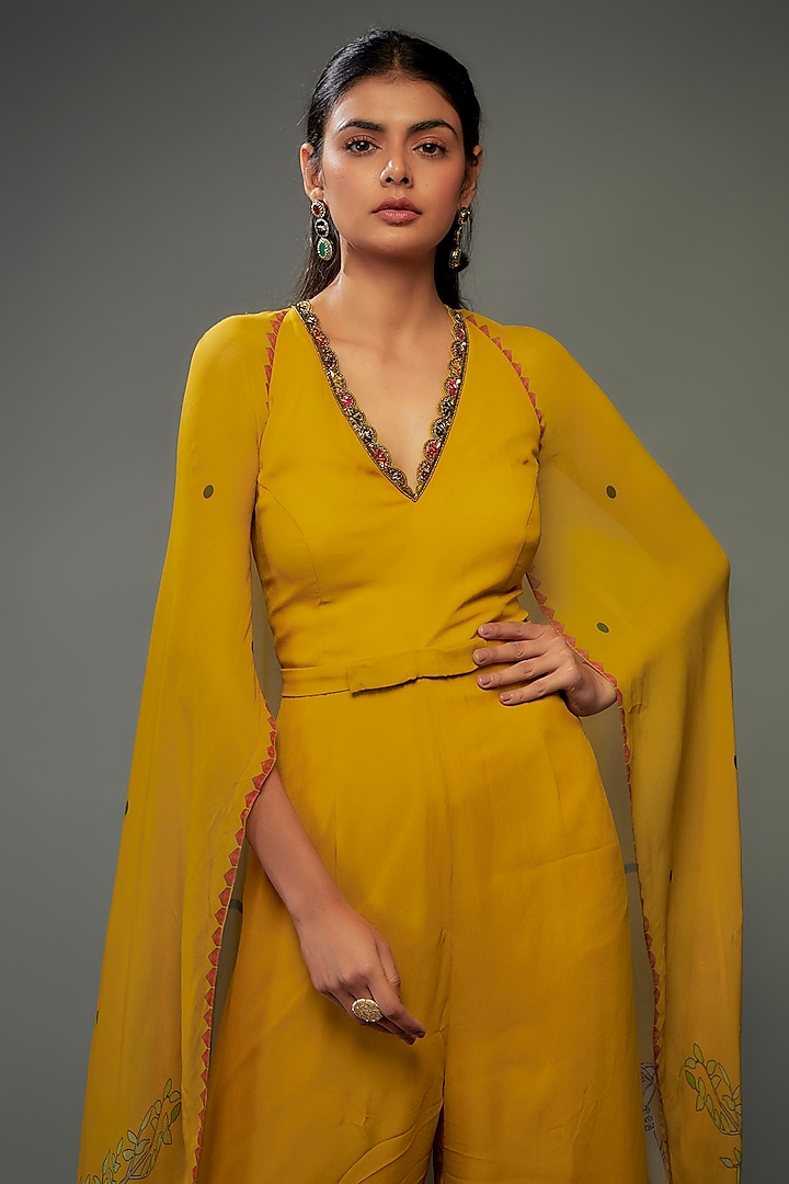Mango Yellow Georgette Hand Embroidered Jumpsuit by Rajat tangri at Pernia's Pop Up Shop