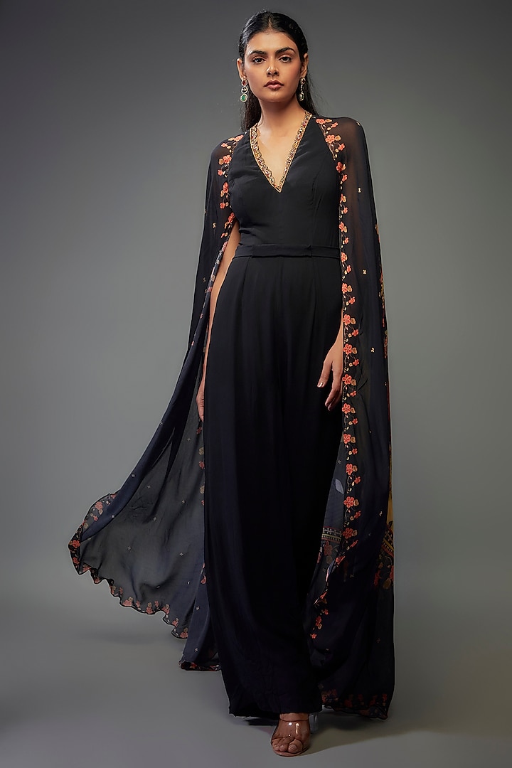 Black Georgette Hand Embroidered Jumpsuit by Rajat tangri  at Pernia's Pop Up Shop