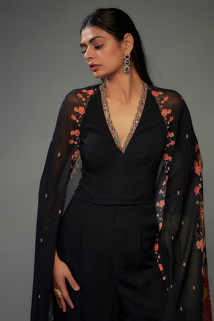 Black Georgette Hand Embroidered Jumpsuit by Rajat tangri at Pernia's Pop Up Shop