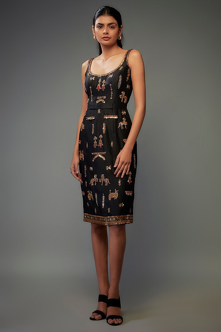 Black Chanderi Hand Embroidered Bodycon Dress by Rajat tangri 