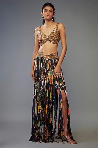 Black Crepe Hand Embroidered Fringed Lehenga Set by Rajat tangri 