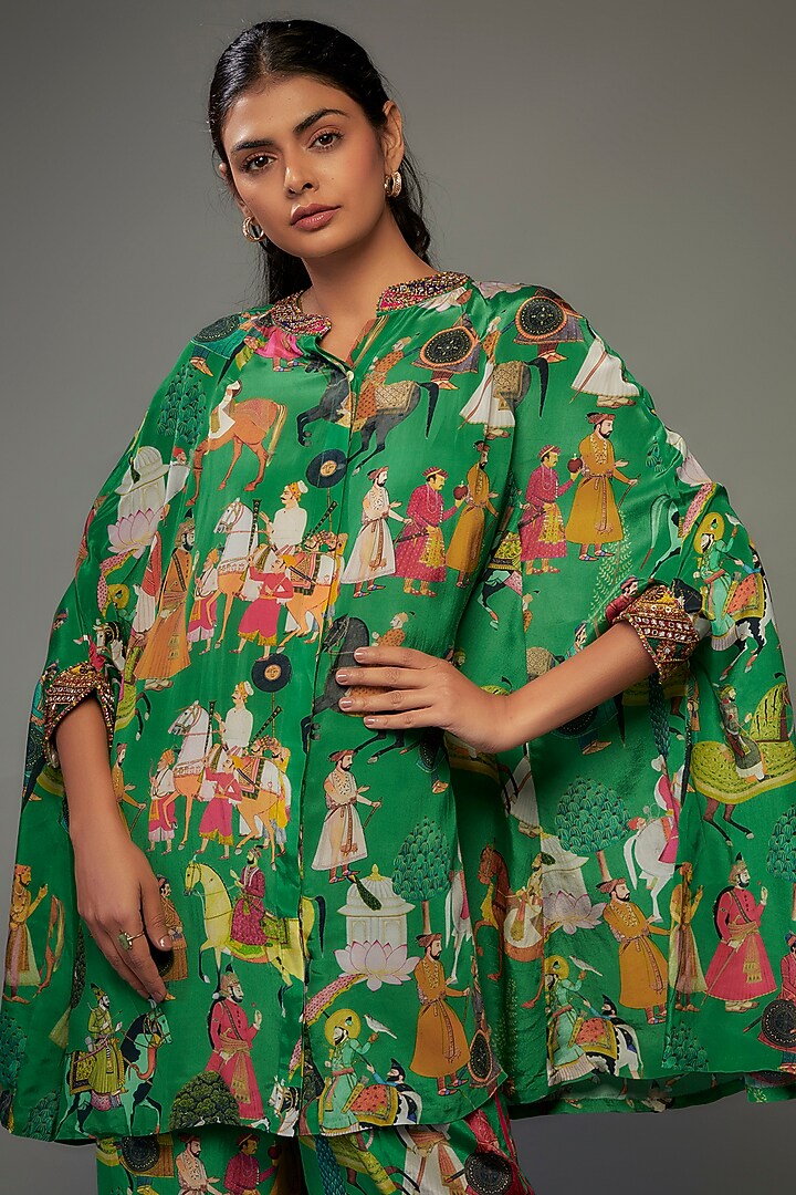 Green Crepe Hand Embroidered Kaftan Set by Rajat tangri at Pernia's Pop Up Shop