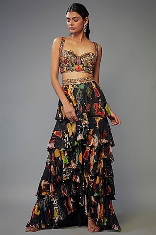 Black Georgette Hand Embroidered Ruffled Lehenga Set by Rajat tangri 