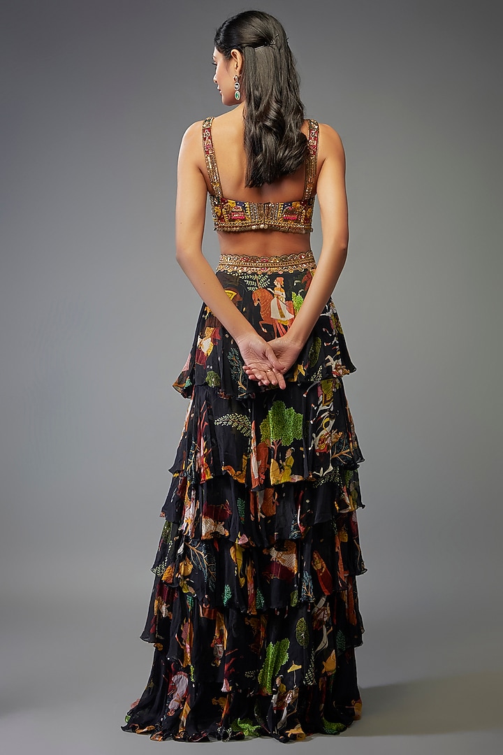 Black Georgette Hand Embroidered Ruffled Wedding Lehenga Set by Rajat tangri  at Pernia's Pop Up Shop